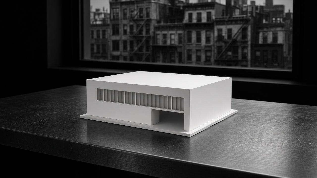 A white architectural model on a steel table, with the real city block visible through the window